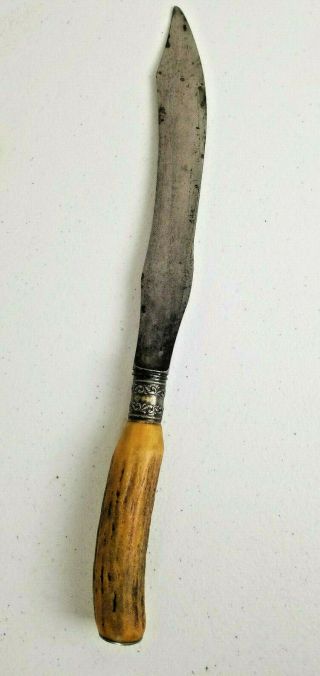 Vintage Stag Horn Handle Carving Knife With Sterling Band 14 " Long Fixed Blade