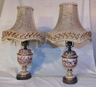 Pr Italy Capodimonte Ginori Doccia Porcelain Table Lamps Lace Silk Shades