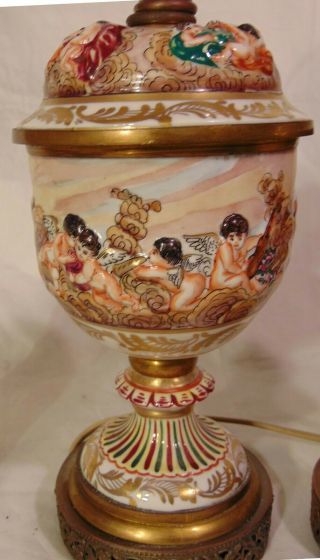 Pr Italy Capodimonte Ginori Doccia Porcelain Table Lamps Lace Silk Shades 3