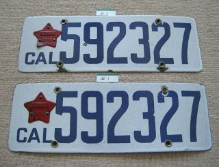 Vintage Pair 1919 Ca License Plate Porcelain Red Star Matching Numbers 592327