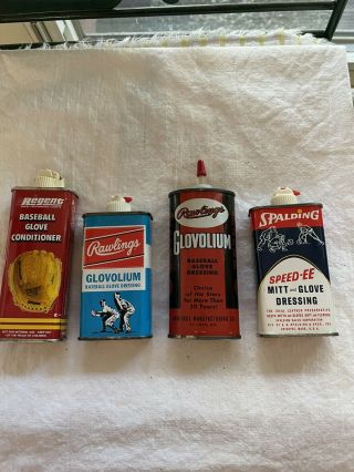 4 Vintage Baseball Glove Oil Cans,  2 Rawlings,  Spalding,  Regent Full Can