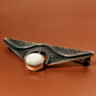 Vintage Triangular Art Deco Sterling Silver Opal Brooch Pin 2