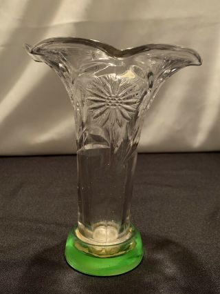 Vintage Two - Toned Clear Glass Sunflower Vase With Green Glass Base