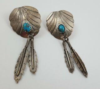 Vintage Signed S Skeets Sterling Silver Turquoise Navajo Feather Post Earrings