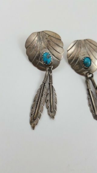 Vintage Signed S Skeets Sterling Silver Turquoise Navajo Feather Post Earrings 2