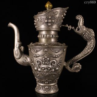 9.  6 " Old Antique Tibet Pure Copper Handmade Gilded Silver Dragon Handle Teapot