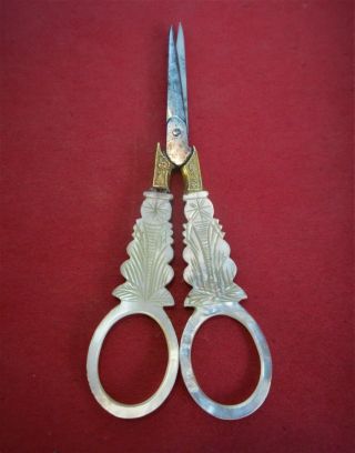 Antique,  Early 19th C,  French,  Palais Royal Mother Of Pearl Embroidery Scissors,