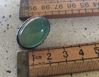 Vintage Silver Brooch With Green Polished Stone 3