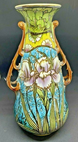 Antique Large Minton Secessionist Tube Lined Twin Handled Vase 30 Cm Tall 1910