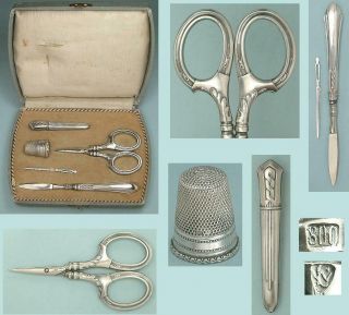 Antique Cased Sterling Silver Sewing Set Germany Circa 1900