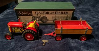 Vintage Schylling Clock Work Tractor And Trailer W/key