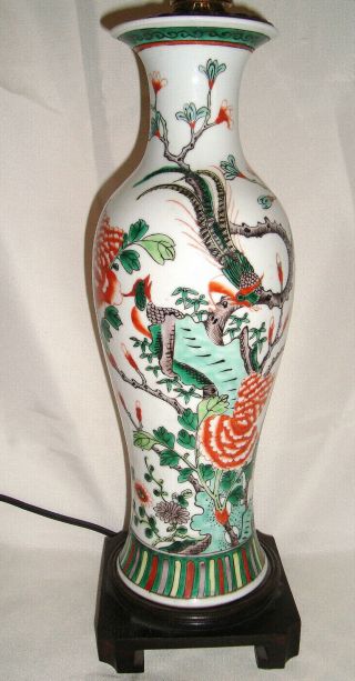 Antique Vtg Chinese Qing Dynasty Famille Verte Vase Lamp - Phoenix Flowers Rocks