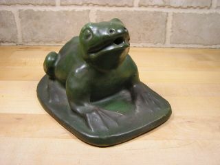Fine Estate Antique Fountain Frog Arts & Crafts Era Matt Green Glaze