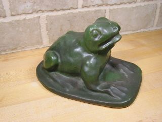 Fine Estate Antique Fountain Frog Arts & Crafts Era Matt Green Glaze 2