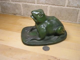 Fine Estate Antique Fountain Frog Arts & Crafts Era Matt Green Glaze 3