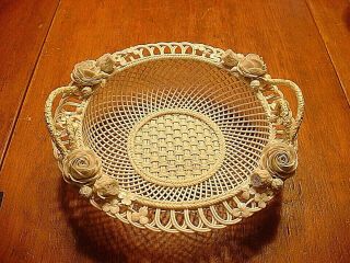 Antique Belleek Porcelain 3 Strand Handled Basket With Rose Motifs