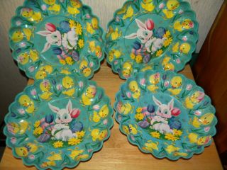 4 Vintage Easter Decoration Plates Bowls Bunnies Eggs Ducks Old Woolworths Tags