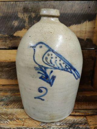 Attr: To Flack & Van Arsdale 2 Gallon Blue Cobalt Decorated Decorated Bird Jug
