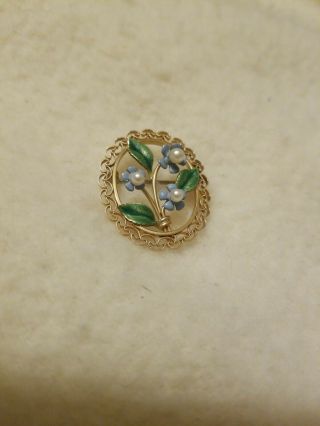 Vintage Krementz 14k Gold Overlay Pin Brooch Enameled Flowers Leaves Pearls