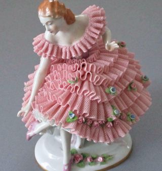 Antique Dresden Porcelain Figurine Ballerina Frothy Pink Lace Flowers Volkstedt