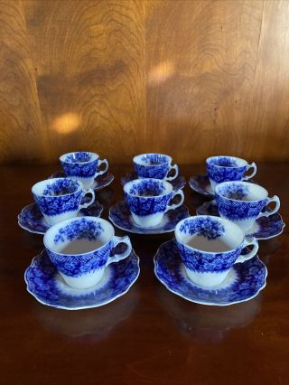 Old Antique W H Grindley Grace Flow Blue Demitasse Cup & Saucer Set Of 8