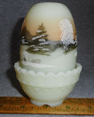 Winter Scene Vintage Fenton Hand Painted Fairy Lamp Light Custard Glass