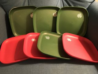 Tupperware Set Of 7 Vintage Square Holiday Luncheon Plates 1534 Red & Green