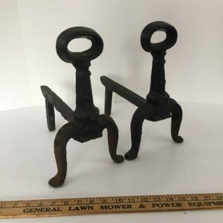 Antique Cast Iron Andirons - Mission / Arts And Crafts / Keyhole Fire Dogs
