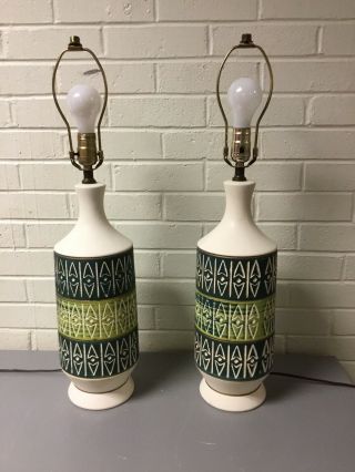 Vtg 60’s 70’s Mcm Green,  Blue & Cream Pottery Table Lamps