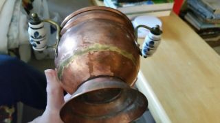 VINTAGE Antique Copper POT with Brass Foot CERAMIC Handles 5.  5 inches high 2