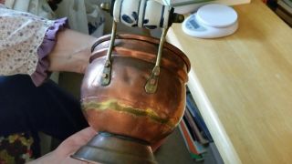 VINTAGE Antique Copper POT with Brass Foot CERAMIC Handles 5.  5 inches high 3