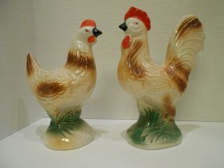 Vintage Lusterware Ceramic Hen And Rooster Set - Made In Brazil - 7 1/2 " And 8 "
