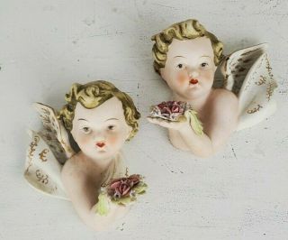 Two (2) Vintage Lefton China Cherub Angel Floral Wall Hanging Figurines