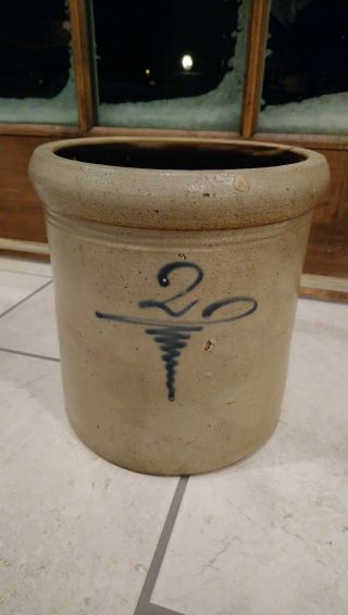 Antique 2 Gallon Salt Glaze Stoneware Crock Cobalt Tornado Ohio Pottery Redwing