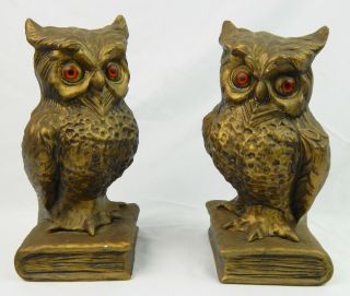 Pair Vintage Ceramic Owl Bookends 1971 Atlantic Mold Glass Eyes