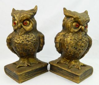 Pair vintage ceramic owl bookends 1971 Atlantic Mold glass eyes 2