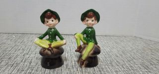 Vintage Enesco Japan Pixie Elf Elves Sitting On Mushroom Salt Pepper Shakers