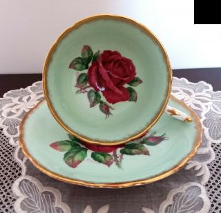 Vintage Paragon England Large Cabbage Rose Pale Green Cup and Saucer.  1940 - s.  Ha 2