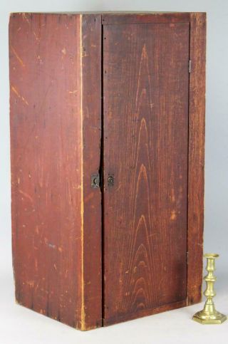 A Primitive 19th C One Door Hanging Or Table Cupboard In Best Red Paint