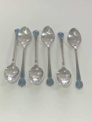 Six (6) Art Nouveau/arts & Crafts Sterling Silver And Enamel Demitasse Spoons