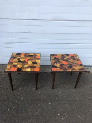 Vintage Mid Century Modern Tile Top Tables Orange Stacking Wood