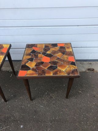 Vintage Mid Century Modern Tile Top Tables Orange Stacking Wood 2