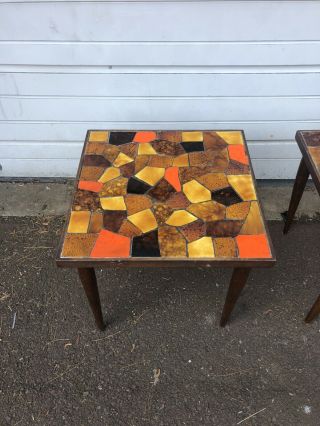 Vintage Mid Century Modern Tile Top Tables Orange Stacking Wood 3