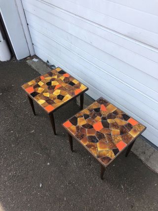 Vintage Mid Century Modern Tile Top Tables Orange Stacking Wood 6