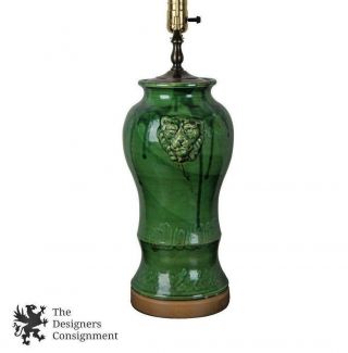 Antique Earthenware Green Majolica Figural Lion Head Table Lamp Art Pottery Vase
