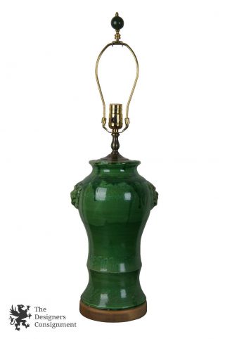 Antique Earthenware Green Majolica Figural Lion Head Table Lamp Art Pottery Vase 2