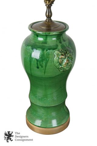 Antique Earthenware Green Majolica Figural Lion Head Table Lamp Art Pottery Vase 3