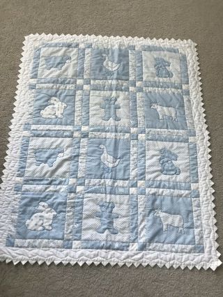 Vintage Handmade Baby Crib Blanket - Quilt Throw Blue 46x38 Ruffled Bears Look