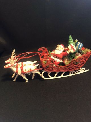 Vintage 1950 - 60’s Plastic Santa,  Tree,  & Gifts In Flocked Sleigh With 2 Reindeer