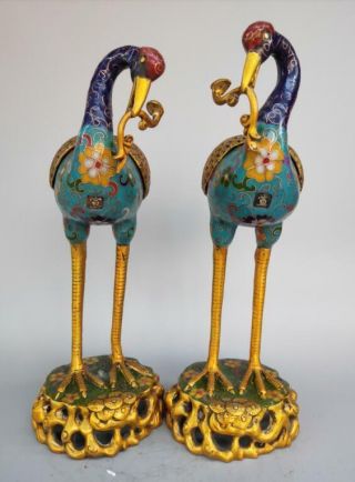 A Pair Chinese Pure Brass Cloisonne Red - Crowned Crane Incense Burner Statue Rt